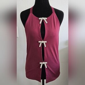 Forever 21 Burgundy Halter Top Rhinestone Bow Cutout Open Front Size L